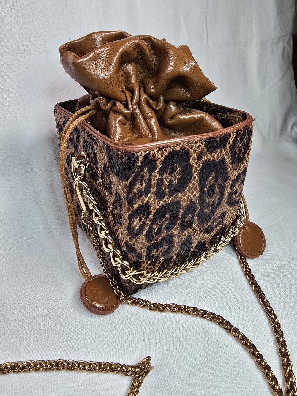 Unique Leopard Print Bucket Crossbody Bag with Drawstring Closure